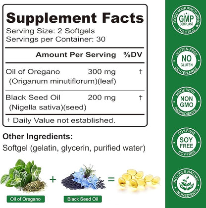 Nature's live Oil of Oregano with Black Seed Oil, 2 in 1 Oregano Supplement for Immune Health, Retains High Concentrated Carvacrol & Thymoquinone, Non-GMO, 60 Softgels, 2 Pack
