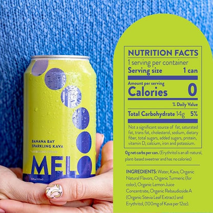 Melo Sparkling Kava Drink, Banana Cream, Sugar Free Non Alcoholic Drinks with Zero Calories, Gluten Free, Vegan, 100% Natural Mocktail with 100mg Kava Root per Drink, 6 Pack, 12 oz Cans