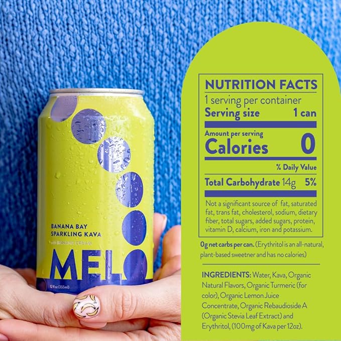 Melo Sparkling Kava Drink, Banana Cream, Sugar Free Non Alcoholic Drinks with Zero Calories, Gluten Free, Vegan, 100% Natural Mocktail with 100mg Kava Root per Drink, 6 Pack, 12 oz Cans