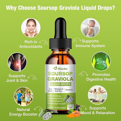 2 Pack Soursop Graviola Liquid Drops - 100% Pure Organic Graviola Extract (4 Fl Oz) - Immune Support, Antioxidant Rich, Natural Energy Boost - Vegan, Non-GMO, Alcohol-Free