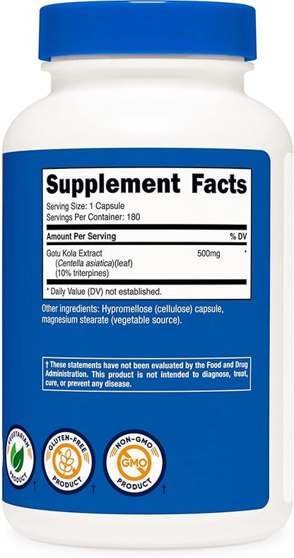 Nutricost Gotu Kola 500 MG, 180 Capsules - Vegetarian Capsules, Gluten Free, Non-GMO