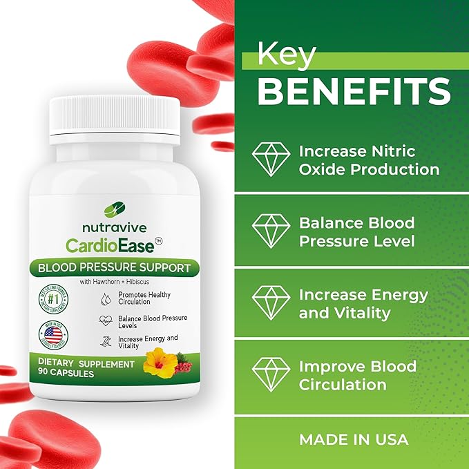 Blood Pressure Support Supplements – Featuring Hawthorn Berry, Hibiscus, Olive Leaf, Garlic Supplements, and Vitamin B12 for Nitric Oxide Supplement and Normal Blood Pressure - 90 caps