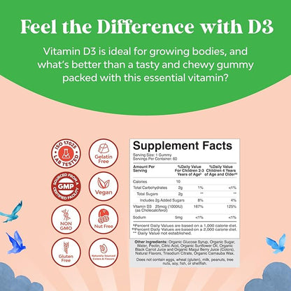 Natures Craft Organic Vitamin D Gummies for Kids - Vegan Kids Immunity Support Gummies with Vitamin D for Daily Teeth Muscle & Bone Support - Organic D3 Non GMO & Gluten Free 2 Month