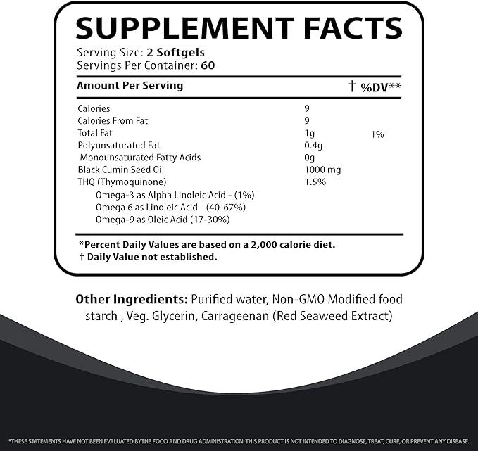 Black Cumin Seed Oil 1000mg – Cold-Pressed High Potency Vegan Supplement – Immune & Digestive Health Support – Non-GMO, Free of Gluten, Soy, Lactose & BSE – 120 Softgels