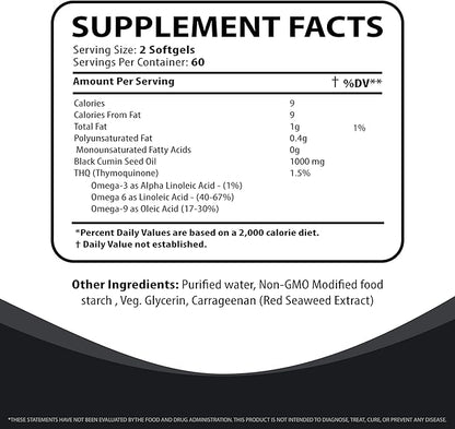 Black Cumin Seed Oil 1000mg – Cold-Pressed High Potency Vegan Supplement – Immune & Digestive Health Support – Non-GMO, Free of Gluten, Soy, Lactose & BSE – 120 Softgels