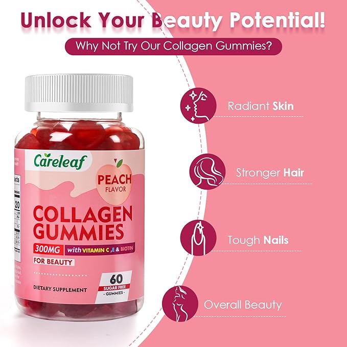 Sugar Free Collagen Gummies with Vitamin C Vitamin E Support Natural Collagen Production, Healthy Hair, Nails and Bones,Peach Flavor,60 Gummies for 30 Days Supply
