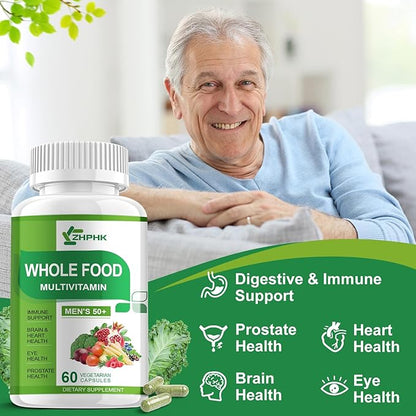 Multivitamins for Men 50 Plus, Whole Food Multivitamin Organic Based Superfoods Supplement for Men 50+ for Brain, Heart and Eye Health, Improve Digestion & Prostate Health, 120 Capsules