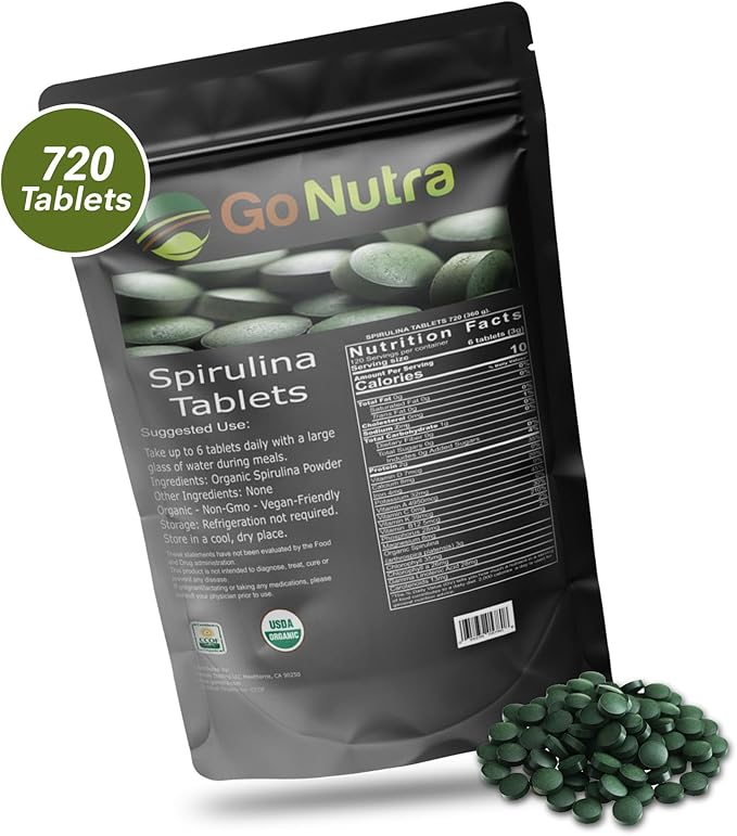 Go Nutra - Spirulina Tablets, Organic Spirulina, Packed with Vitamins, Minerals, Fibers, Amino Acids, and More, All-Natural Spirulina Supplement, Non-GMO, Vegan, 500 mg, 720 Tablets