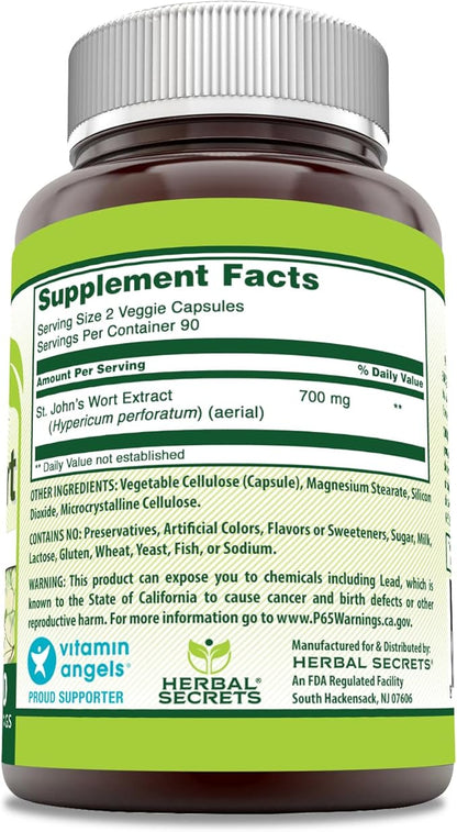 Herbal Secrets St. John's Wort 700 Mg 180 Veggie Capsules Supplement | Non-GMO | Gluten Free | Made in USA