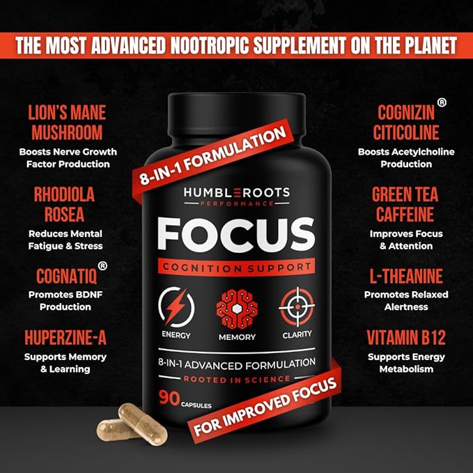 8-IN-1 All-Natural Nootropic Supplement for Focus, Energy, & Memory Support | Organic Lion's Mane & Rhodiola | Cognizin Citicoline & CognatiQ | Caffeine & L-Theanine | Huperzine-A & Vitamin B12