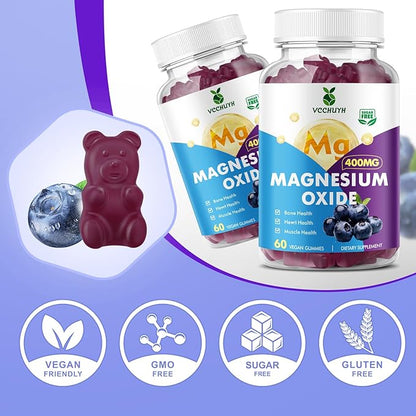 Magnesium Oxide Gummies 400mg, Sugar Free Magnesium Oxide Supplement for Adults & Kids, Muscle Support & Energy Boost, Non GMO, Blueberry Flavor 60 Count