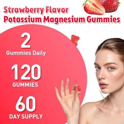 2 Pack Potassium Magnesium Gummies for Men & Women, Potassium Magnesium Supplement for Leg Cramps, Muscle Health, & Electrolyte Balance, Strawberry Flavor, 120 Gummies