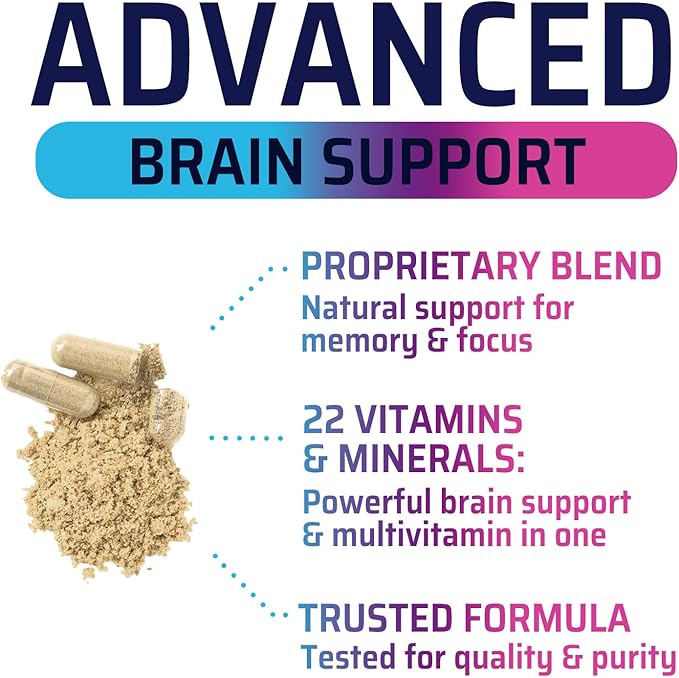 Brain Supplements for Memory and Focus - Advanced Cognitive Formula to Support Concentration, Energy, Clarity - Brain Health Memory Vitamins with Bacopa, Phosphatidylserine, DMAE & More - 60 Capsules