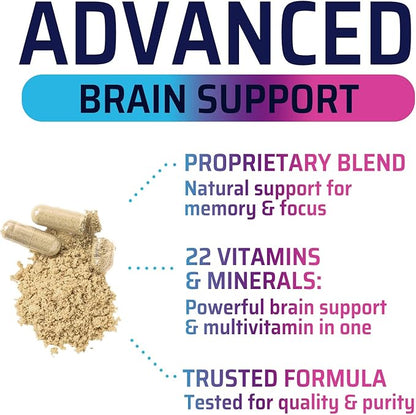 Brain Supplements for Memory and Focus - Advanced Cognitive Formula to Support Concentration, Energy, Clarity - Brain Health Memory Vitamins with Bacopa, Phosphatidylserine, DMAE & More - 60 Capsules