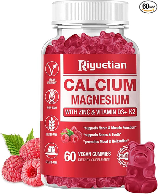 Calcium Magnesium Zinc Gummies with Vitamin D3 Supplement, Sugar Free Calcium Supplements for Women Men, Gluten-Free, Vegan Raspberry Flavor, 60 Count