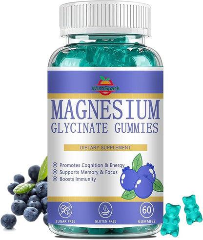 Magnesium Glycinate Gummies, Premium Magnesium Gummies, Magnesium Glycinate Supplement for Relaxation, Stress Relief and Sleep, Suitable for Adults and Children-60 Blueberry Flavor