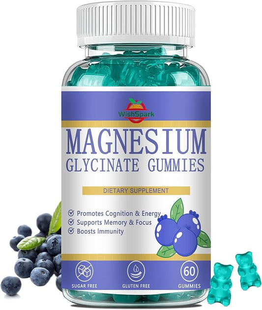 Magnesium Glycinate Gummies, Premium Magnesium Gummies, Magnesium Glycinate Supplement for Relaxation, Stress Relief and Sleep, Suitable for Adults and Children-60 Blueberry Flavor