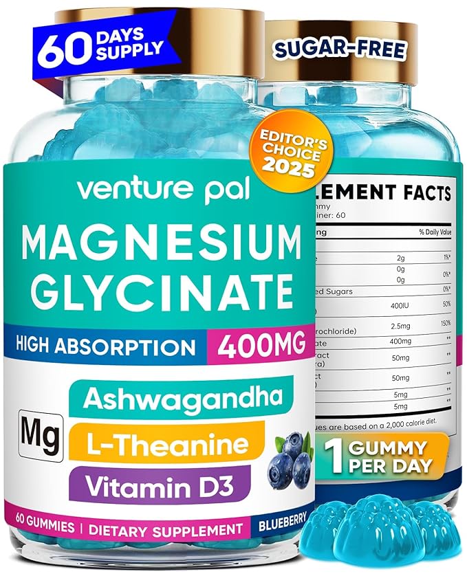 Venture Pal 60 Day Supply Magnesium Glycinate Gummies with Ashwagandha for Adults and Kids, L-Theanine, CoQ10, Sugar Free Magnesium Supplement 400mg for Calm Mood & Sleep, Gluten-Free & Vegan