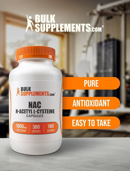BulkSupplements.com N-Acetyl L-Cysteine 1000mg Capsules - N-Acetyl Cysteine 1000mg, NAC Supplement - NAC 1000mg, Gluten Free - 2 Capsules per Serving, 360 Capsules (Pack of 1)