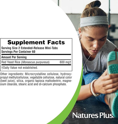 NaturesPlus Herbal Actives Red Yeast Rice, Extended Release - 600 mg, 120 Mini Tablets - Herbal Supplement - Vegan, Vegetarian, Gluten-Free - 60 Servings