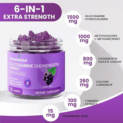 Joint Support Gummies with Glucosamine Chondroitin, Sugar Free, 1500mg Extra Strength with MSM & Turmeric (90 Count)