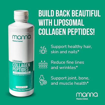 Manna Liposomal Collagen Peptides Liquid – 5000mg High Absorption Grass-Fed Type I & III Collagen for Skin, Hair, Nails, Joints – Hydrolyzed Collagen Supplement, Non-GMO, 16oz, for Women & Men