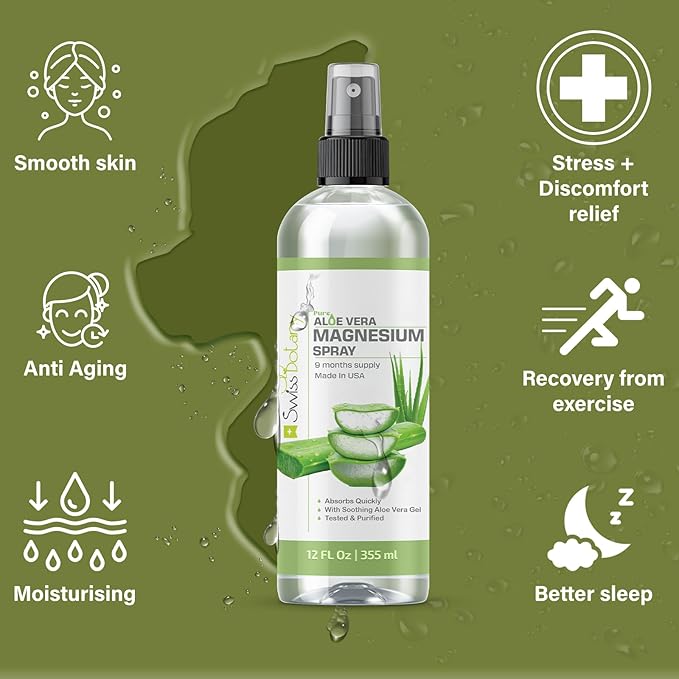 Topical Magnesium Spray with Aloe Vera - Pure Magnesium Oil Spray for Stress Relief - USP Grade Aloe Vera Magnesium Spray for Sleep - 12 Fl Oz