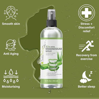Topical Magnesium Spray with Aloe Vera - Pure Magnesium Oil Spray for Stress Relief - USP Grade Aloe Vera Magnesium Spray for Sleep - 12 Fl Oz