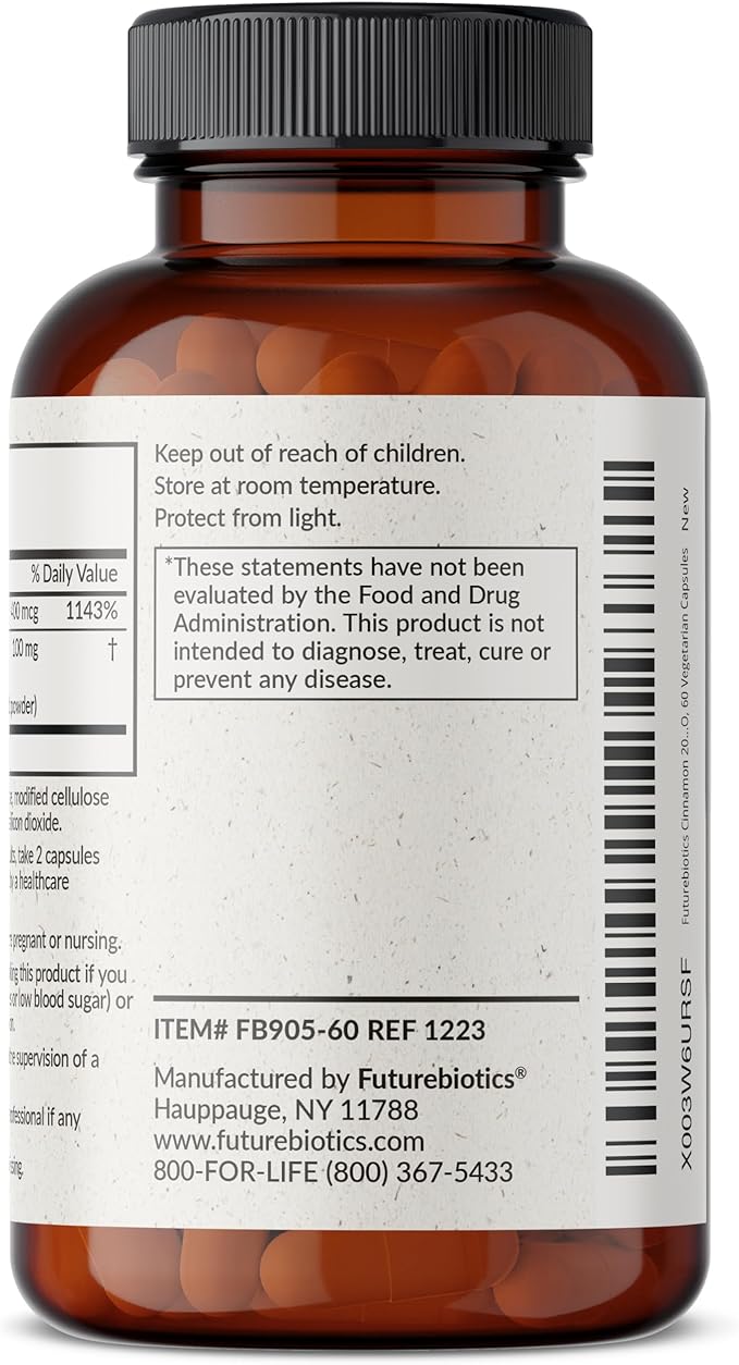 Futurebiotics Cinnamon Plus Chromium Picolinate Supplement, High Potency Chromium, Non-GMO, 60 Vegetarian Capsules