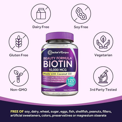 Doctor's Recipes Biotin 10,000 mcg, Hair Growth, Healthy Skin & Nails, Energy Metabolism, Vegetarian-Friendly Biotin, with Coconut Oil, Non-GMO, 4 Month Supply, 120 Vegetarian Softgels