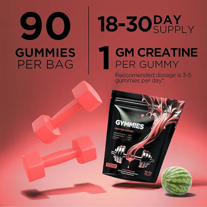 Creatine Monohydrate Gummies - Muscle Growth, Performance, Endurance - 5 Gram Creatine per Serving - Vegan, Non-GMO, Gluten-Free, Made in USA - 90ct (90 Count, Watermelon)