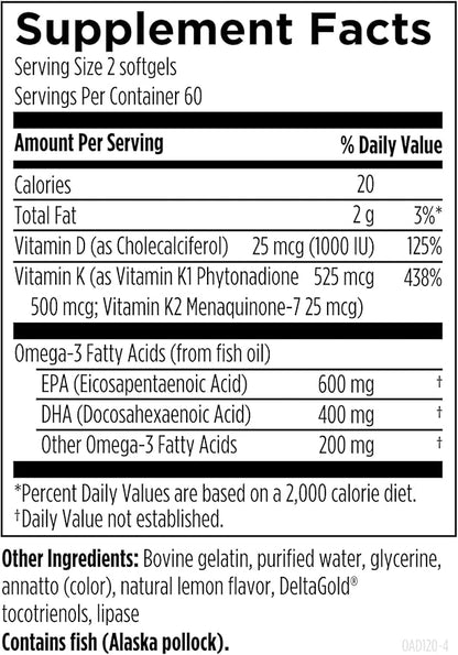 Designs for Health OmegAvail Ultra TG Fish Oil 1200mg - 1000 IU Vitamin D3, Vitamins K1 + K2 - Triglyceride Form Omega 3 Fish Oil Supplement with DHA/EPA - No Fishy Aftertaste (120 Softgels)
