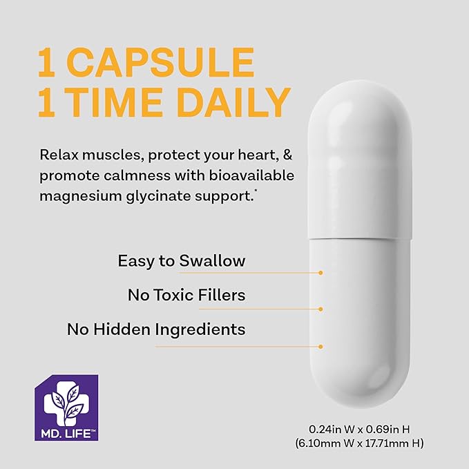 Md.Life Magnesium Glycinate Supplement - Easy to Swallow - 120 Count - Gluten Free Magnesium Glycinate Capsules for Sleep, Heart, and Muscle Health - Gentle on The Stomach & Highly Absorbable