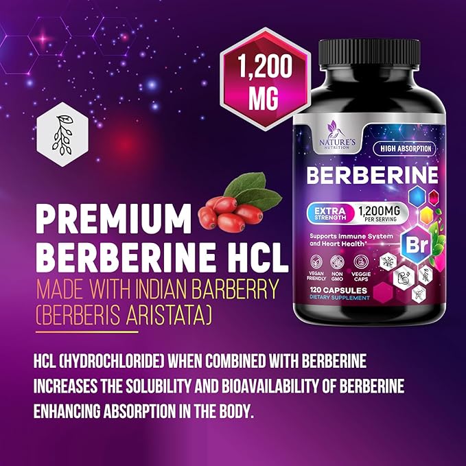 Premium Berberine HCL 1200mg Supplement - Berberine HCI Capsules High Absorption Supplement for Heart Health & Immune Support, High Strength, Gluten-Free, Vegan, Non-GMO Pills - 120 Veggie Capsules