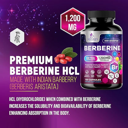 Premium Berberine HCL 1200mg Supplement - Berberine HCI Capsules High Absorption Supplement for Heart Health & Immune Support, High Strength, Gluten-Free, Vegan, Non-GMO Pills - 120 Veggie Capsules