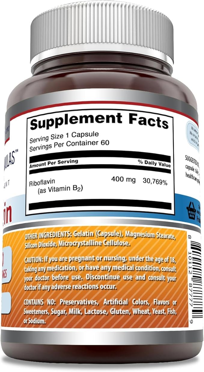 Amazing Formulas Riboflavin 400 mg Capsules | Vitamin B2 Supplement | Non-GMO | Gluten Free | Made in USA (2 Pack | 60 Count)