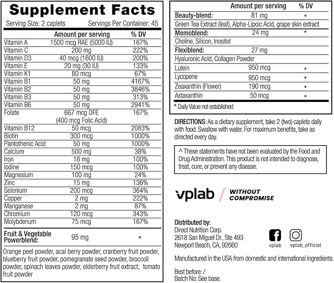 VPLab Ultra Women's Multivitamin Formula - Supplement for Hair, Skin & Nails with Biotin, Iron, Vitamin B, D, C & Zinc, Folate - Essential Daily Vitamins for Women's Health & Wellness, 90 Caplets
