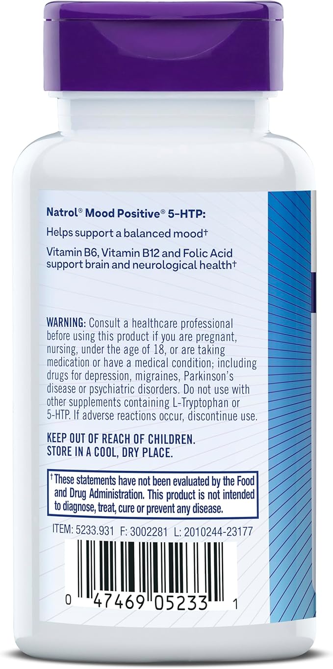 Natrol Mood Positive 5-HTP 50mg With L-Theanine, Vitamin B6, Vitamin B12 and Folate, Dietary Supplement Helps Support a Positive Mood, 50 Tablets, 25-50 Day Supply (Pack of 12)