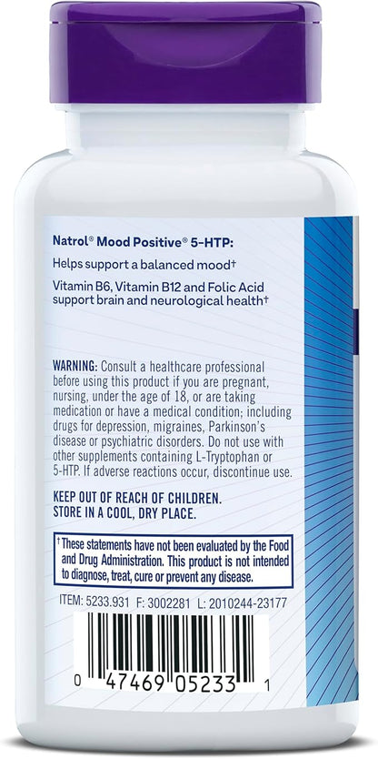 Natrol Mood Positive 5-HTP 50mg With L-Theanine, Vitamin B6, Vitamin B12 and Folate, Dietary Supplement Helps Support a Positive Mood, 50 Tablets, 25-50 Day Supply (Pack of 12)
