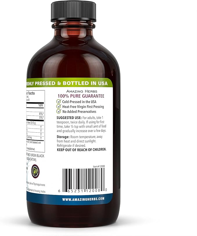Amazing Herbs Premium Black Seed Oil - Gluten Free, Non GMO, Cold Pressed Nigella Sativa Aids in Digestive Health, Immune Support, Brain Function - 8 Fl Oz (Pack of 2)