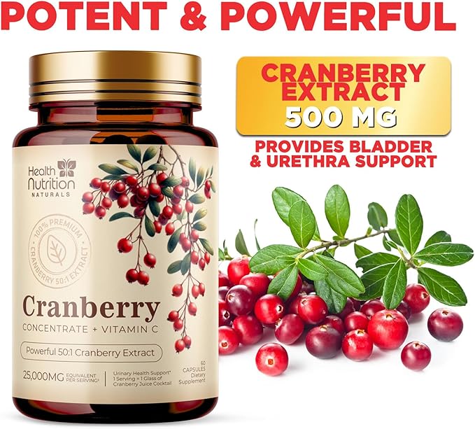 Cranberry Supplement Pills + Vitamin C - Made with 25,000mg Cranberry Concentrate Whole Fruit Extract to Help Cleanse & Support Urinary Tract Health, Sugar Free for Women & Men, Non-GMO, 60 Capsules