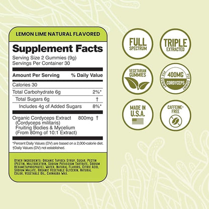 Troomy Boost Cordyceps All Natural Mushroom Gummies - Supports Active Lifestyle & Hyper Focus - Lemon Lime - 60 Count