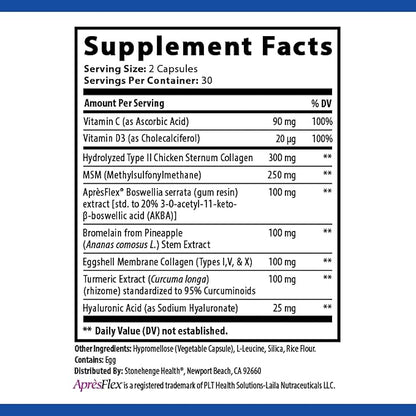 Stonehenge Health Dynamic Joint Supplement - Comfort, Mobility, Flexibility with AprèsFlex Boswellia, MSM, Collagen, Bromelain, Turmeric, Vitamin C, D3 (60 Capsules)