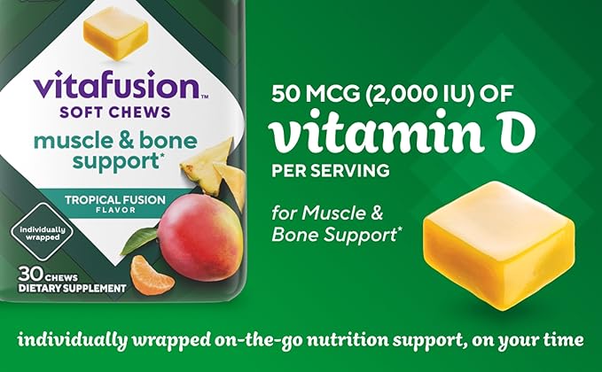 Vitafusion Soft Chews Muscle & Bone Support (1), Adult Chewable Vitamin D for Bone & Muscle Support, Individually Wrapped, Tropical Fusion Flavor, 30 Chews, 30 Day Supply