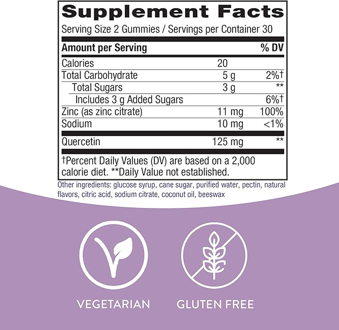 Nature's Way Quercetin Gummies with Zinc, Immune Defense Support*, Powerful Antioxidant*, Lemon Flavored, 60 Gummies