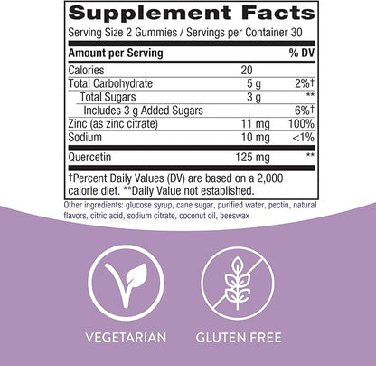 Nature's Way Quercetin Gummies with Zinc, Immune Defense Support*, Powerful Antioxidant*, Lemon Flavored, 60 Gummies