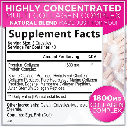 Best Collagen Peptides for Women - Multi-Collagen Hydrolyzed Complex 5 Types, Grass Fed Peptides for Hair, Skin, Nail, Bone & Joint Health Support, Collagen Powder Caps for Women & Men - 120 Capsules