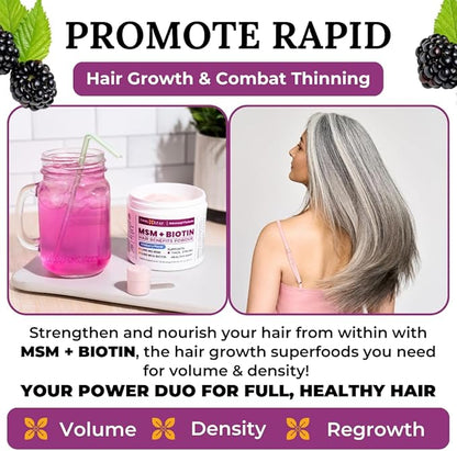 MSM + Biotin Hair Benefits Powder - Hair Growth MSM Supplement for Women & Men - Biotin & Vitamin C Blend - Wildberry MSM Powder for Hair Volume & Strength - Gluten-Free - 30 Servings (8.5 Oz)