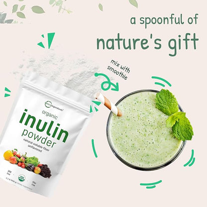 Organic Inulin FOS Powder (Jerusalem Artichoke), 2.2 Pounds (35 Ounce), Quick Water Soluble, Prebiotic Intestinal Support for Colon and Gut Health, Natural Fibers for Smoothie & Drinks, Vegan Friendly