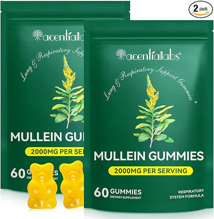 Mullein Gummies for Lung Cleanse, 2000mg Mullein Leaf Extract for Respiratory & Digestive & Immune Support, Natural Mullein Herbal Supplement for Mucus Relief with Chlorophyll (120 Gummies)
